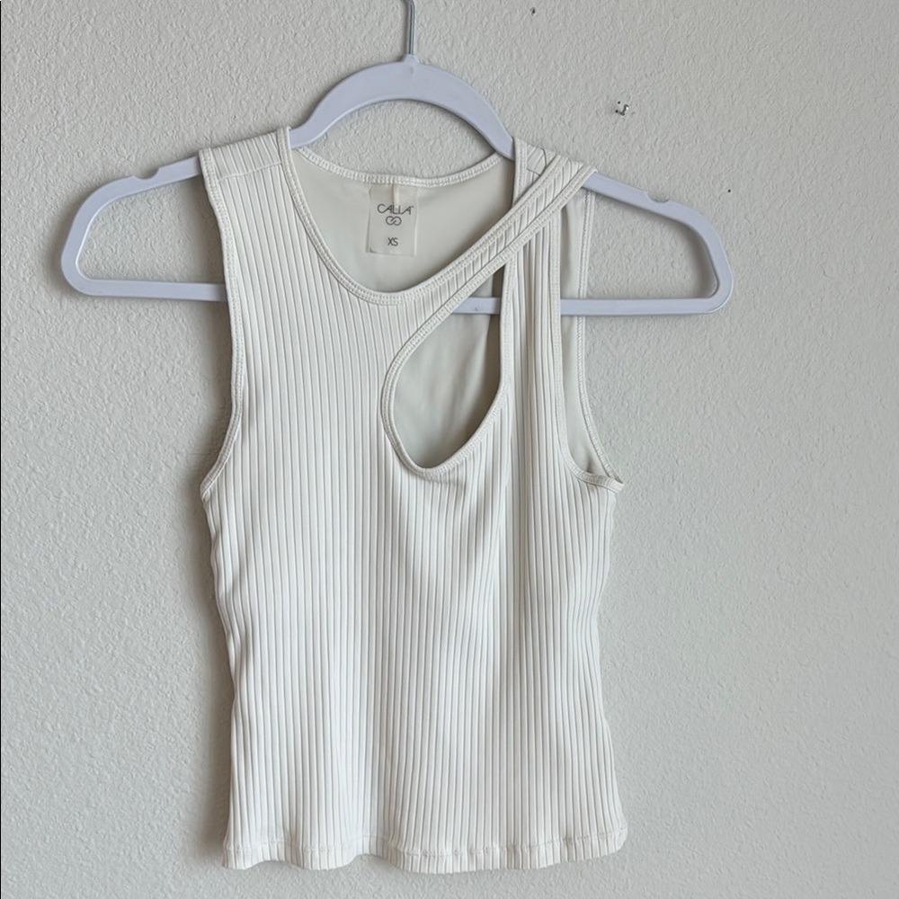 Calia White Asymmetrical Ribbed Tank Top